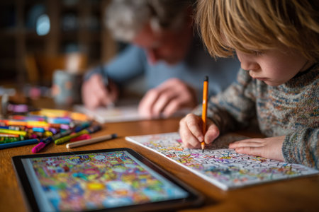 Child focused on coloring with crayons, while adult draws nearby, surrounded by vibrant art supplies, creating a cozy and inspiring atmosphere for creativityの素材