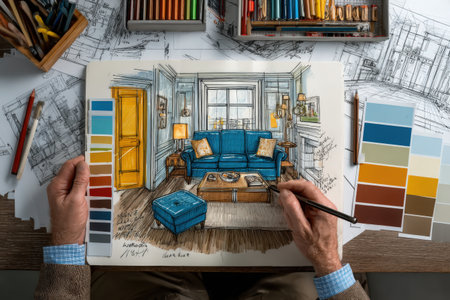 Individual illustrating a living room concept with a blue sofa and wooden table, surrounded by color swatches and art supplies, highlighting artistic creativityの素材