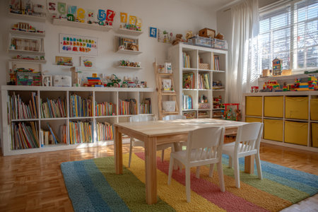 Cheerful playroom designed for children, showcasing a wooden table and chairs on a colorful rug, surrounded by shelves filled with books and toys, fostering creativity and playの素材