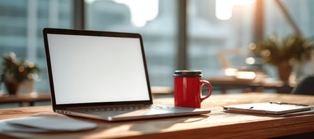 Laptop featuring blank screen on wooden desk, alongside red coffee cup and notepad, in a well-lit workspace with greenery and large windows enhancing productivityの素材