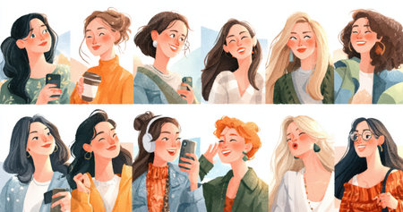 Diverse women with different hairstyles and outfits are smiling and enjoying moments together, illustrating friendship and joy in a colorful and engaging sceneの素材