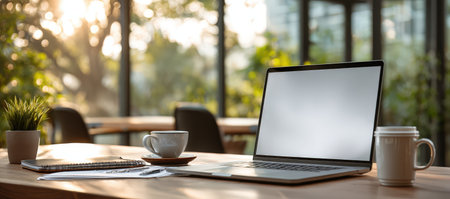 Contemporary workspace includes laptop, coffee cup, and notebook on wooden table, surrounded by lush greenery, promoting a calm and inspiring environment for productivityの素材