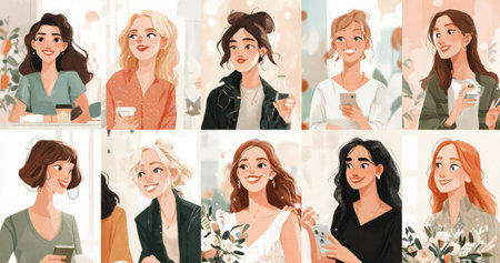 Diverse group of women sharing coffee, smiling and conversing in a cozy setting, surrounded by greenery and soft decor, showcasing connection and joyの素材