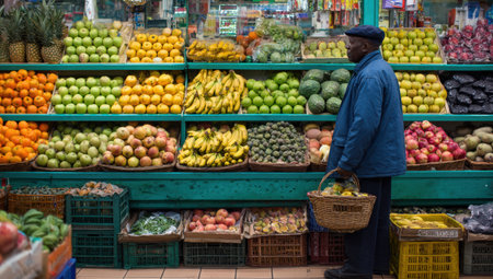 Male shopper in blue jacket examines fresh fruits in market, with vibrant colors and textures of produce creating a lively shopping experienceの素材