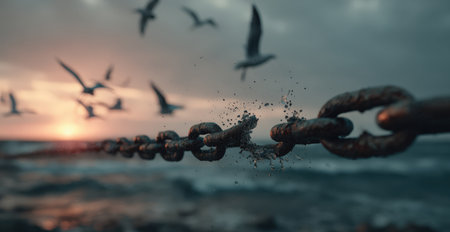 Rusty chain links are prominently displayed in the foreground, with seagulls soaring above against a stunning sunset, blending nature and industrial themesの素材