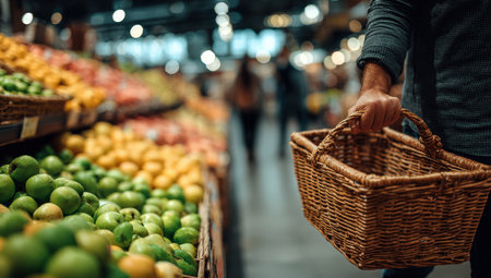 Man with a wicker basket is shopping in a colorful grocery store filled with fresh produce, emphasizing healthy eating and vibrant market atmosphereの素材