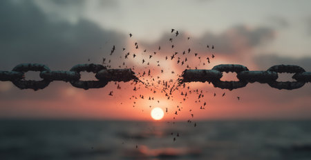 A broken chain releasing birds into the sky at sunset, with ocean waves in the background, representing liberation and the beauty of new beginningsの素材