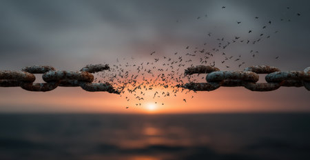 Rusty chain links are breaking apart, releasing a flock of birds into the sunset sky, creating a powerful visual metaphor for freedom and transformationの素材