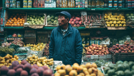 Male vendor stands in bustling market filled with fresh fruits and vegetables, highlighting the rich colors and textures of the produce and the lively environmentの素材