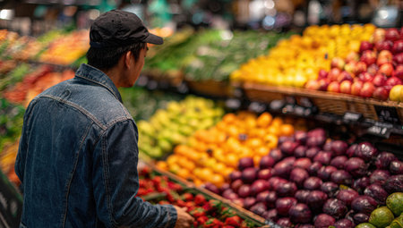 Male shopper in denim jacket examines fresh fruits in a grocery store, surrounded by an array of colorful produce, highlighting healthy eating and vibrant atmosphereの素材