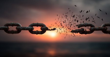 A broken chain is depicted with birds flying away into the sunset, representing liberation and change, surrounded by a beautiful sky and tranquil atmosphereの素材