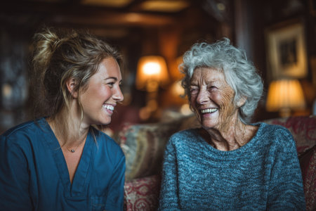 Female caregiver in scrubs is smiling and engaging with an elderly woman in a comfortable living room, highlighting the bond and care in their interactionの素材