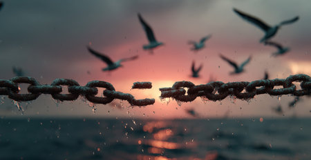Chain links are positioned above water, with birds soaring in the background, evoking a sense of freedom and connection in a tranquil coastal settingの素材