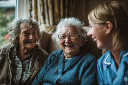 Two senior women are laughing together with a caregiver in a comfortable living room, highlighting the bond of friendship and care in a warm atmosphereの素材