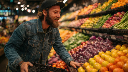 Male shopper in denim jacket is choosing fresh produce in a grocery store, surrounded by colorful fruits and vegetables, promoting healthy eating habitsの素材