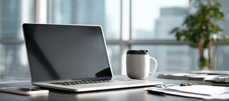 Contemporary laptop rests on a stylish desk alongside a coffee cup and smartphone, with scattered papers creating an organized yet creative workspaceの素材