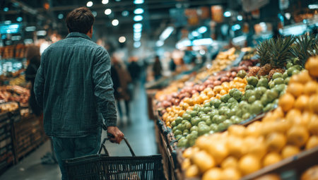 Male shopper in denim jacket strolls through bustling market, surrounded by an array of fresh fruits and vegetables, enjoying the vibrant atmosphereの素材