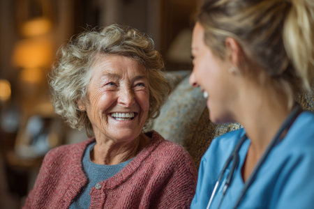 Happy elderly woman shares a joyful moment with a young caregiver in a warm living room, highlighting the bond and care between them in a comforting atmosphereの素材