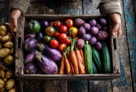 A wooden crate filled with assorted fresh vegetables, including eggplants, tomatoes, carrots, and zucchini, held by hands against a rustic wooden backdropの素材