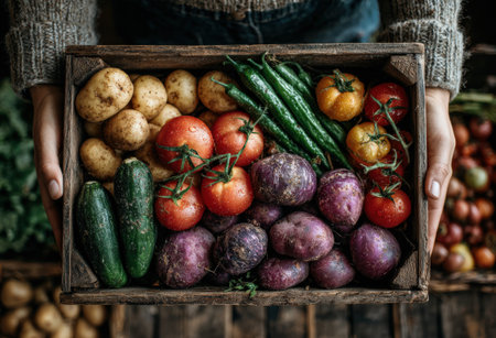 Fresh vegetables in a wooden crate, featuring cucumbers, tomatoes, potatoes, and green beans, highlighting the beauty of organic produce and healthy lifestyle choicesの素材