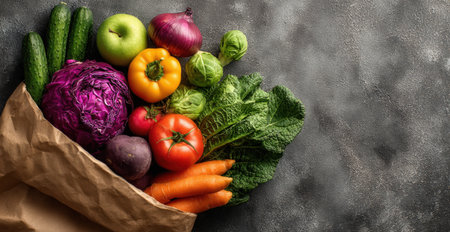 Colorful vegetables like cucumbers, tomatoes, and carrots are arranged in a paper bag on a textured surface, highlighting the beauty of fresh organic produceの素材