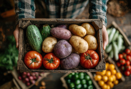 A wooden crate filled with colorful vegetables, including tomatoes, potatoes, and zucchini, set against a backdrop of fresh produce, highlighting organic farming practicesの素材