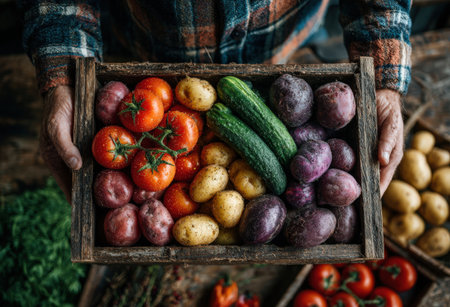 A wooden crate filled with colorful vegetables, including tomatoes, cucumbers, and potatoes, highlights the essence of organic farming and fresh produceの素材
