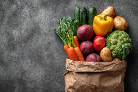Vibrant collection of fresh vegetables in a brown paper bag, featuring carrots, bell pepper, zucchini, and broccoli, set against a textured gray backdrop for healthy lifestyle inspirationの素材