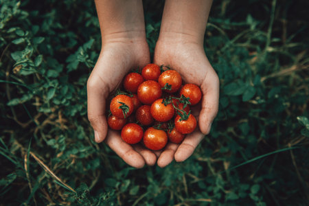 Hands are filled with ripe cherry tomatoes, surrounded by lush green leaves, emphasizing the joy of gardening and the connection to nature's bountyの素材