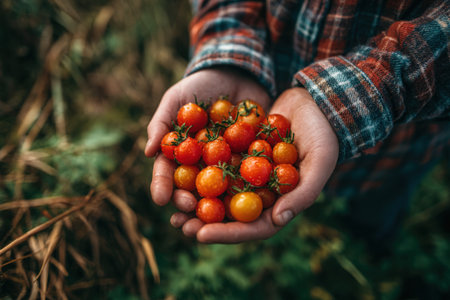 Hands present a collection of ripe cherry tomatoes, displaying a mix of red and yellow hues, amidst a backdrop of rich green foliage and earth tonesの素材