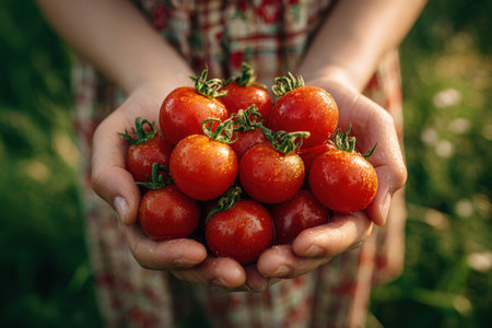 Hands holding a cluster of ripe cherry tomatoes, displaying their glossy red surface and green stems, set against a soft-focus natural background, representing freshness and sustainabilityの素材