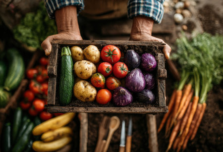 A collection of freshly harvested vegetables in a wooden crate, featuring zucchini, tomatoes, potatoes, and eggplants, highlighting organic farming and natural beautyの素材