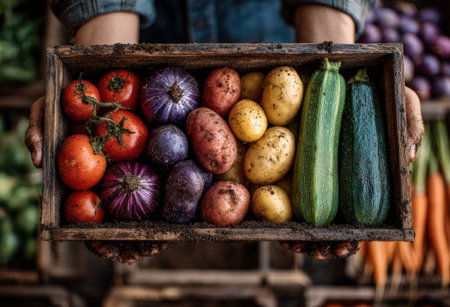 Hands holding a wooden crate filled with assorted fresh vegetables, including tomatoes, zucchini, and potatoes, emphasizing organic farming and healthy livingの素材