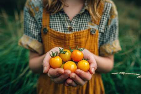 Girl with yellow tomatoes in hands, wearing a checkered shirt and mustard dress, stands in lush green grass, showcasing the beauty of fresh produce and natureの素材