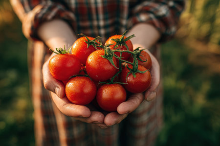 Hands present ripe red tomatoes, highlighting their freshness and vibrant color, set against a backdrop of green foliage in a sunny garden atmosphereの素材