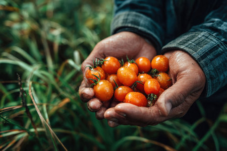Farmer's hands display vibrant orange cherry tomatoes, freshly picked from the garden, surrounded by rich green grass and plants, emphasizing organic farming techniquesの素材