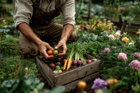 Gardener in rustic clothing is collecting fresh vegetables from a wooden crate amidst colorful flowers in a thriving garden, highlighting organic cultivationの素材