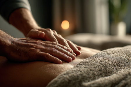 Male therapist is performing a soothing massage on a client, surrounded by soft lighting and a tranquil environment, promoting relaxation and well-beingの素材