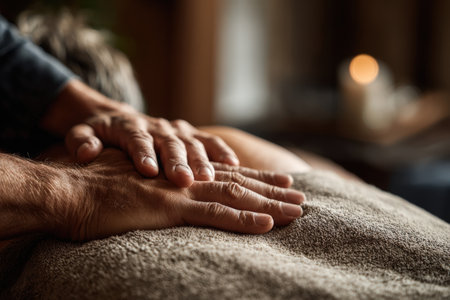 Male massage therapist is providing a soothing treatment on client's back in a tranquil spa setting, featuring soft textures and a peaceful atmosphereの素材