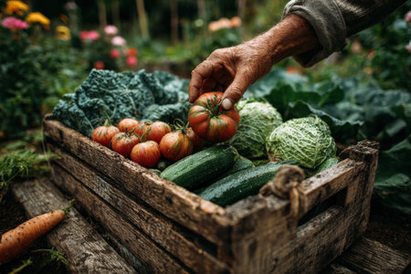 Elderly mans hand selects ripe tomatoes from a wooden crate filled with fresh vegetables, surrounded by vibrant greenery and colorful flowers in a garden environmentの素材