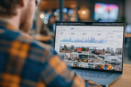 Person in checkered shirt is focused on laptop screen displaying data analytics in a contemporary workspace, reflecting modern technology and work environmentの素材