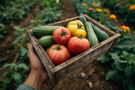 A hand holds a wooden crate filled with ripe tomatoes and zucchinis, set against a vibrant garden backdrop, emphasizing the beauty of fresh produceの素材