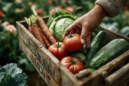Individual is picking ripe tomatoes from a rustic wooden crate filled with fresh vegetables, surrounded by vibrant greenery and healthy plants in a garden atmosphereの素材