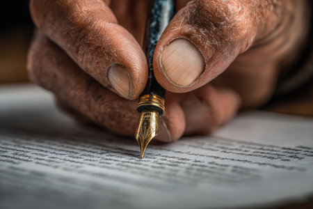 A weathered hand grips a fountain pen above a sheet of handwritten text, showcasing the artistry of writing and the beauty of personal expressionの素材