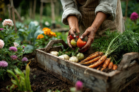 Gardener's hands grasping ripe tomatoes, with a wooden crate of vegetables nearby, surrounded by colorful flowers, highlighting the joy of gardening and harvestの素材