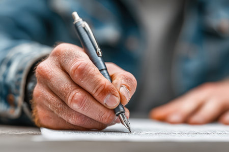 Male hand grips pen while writing on paper, illustrating creativity and concentration in a relaxed workspace with denim background elementsの素材