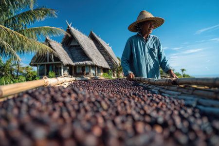 Male farmer in straw hat is inspecting coffee beans on bamboo mat, with tropical scenery and traditional house in background, highlighting agricultural work and cultureの素材