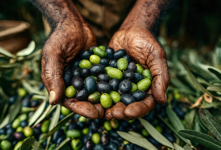 African american man presents a collection of fresh olives in hands, surrounded by lush olive branches, highlighting the beauty of agricultural harvestの素材