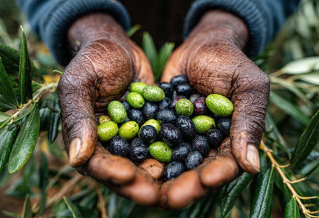 Male individual displays an assortment of fresh olives in hands, with green and black varieties, surrounded by lush olive tree foliage, highlighting agricultural practicesの素材