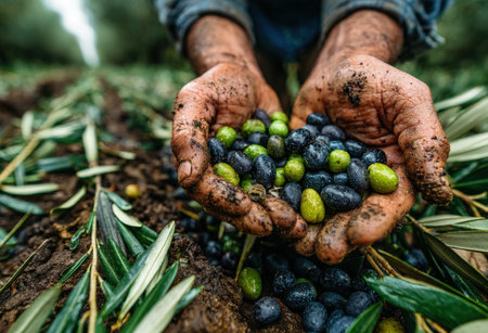 Farmer's hands display freshly picked olives, a vibrant mix of green and black, resting on rich soil with olive leaves, highlighting the essence of harvest seasonの素材
